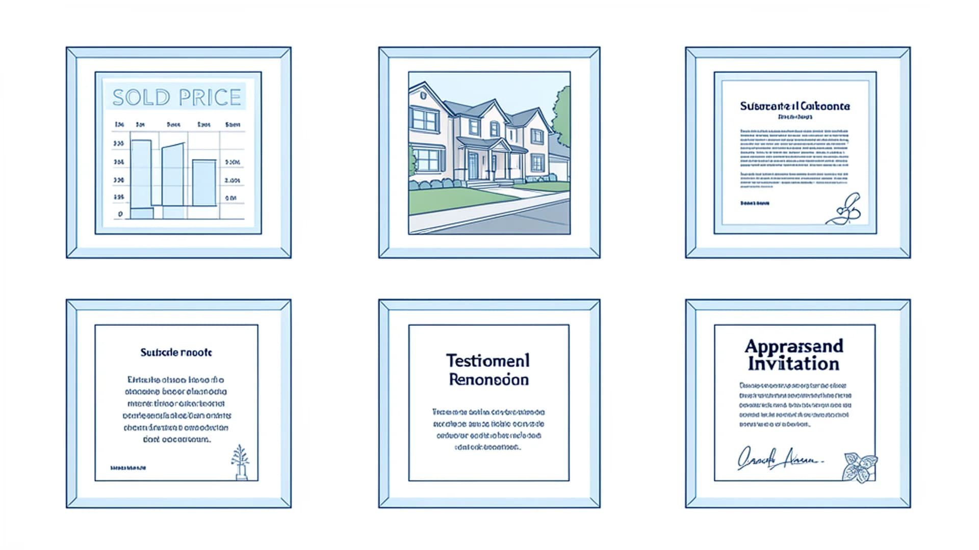 A portfolio wall of five different real estate ad concepts