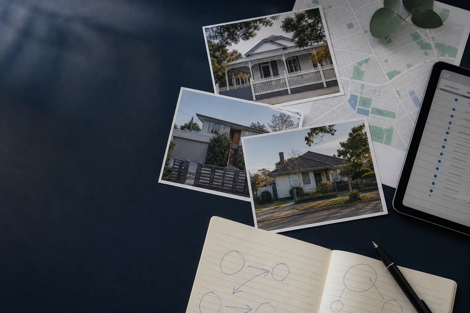 Printed photos of homes arranged with a map and working notes